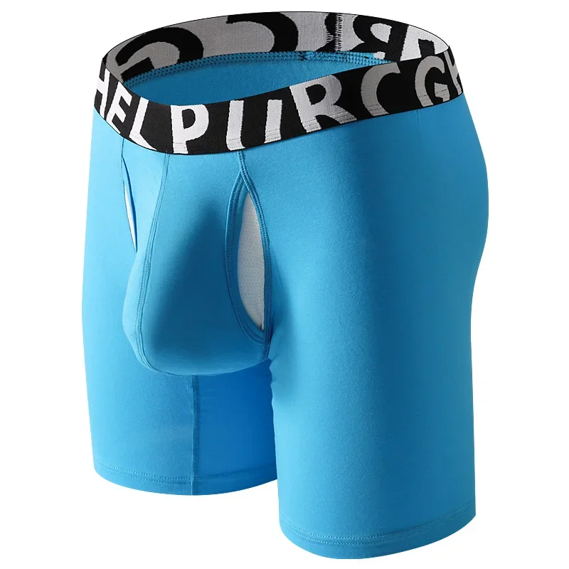 Men's Long Leg Cotton Boxer Briefs with Scrotum Pouch Anti-Chafing U Convex Separation Sports Underwear for Comfort
