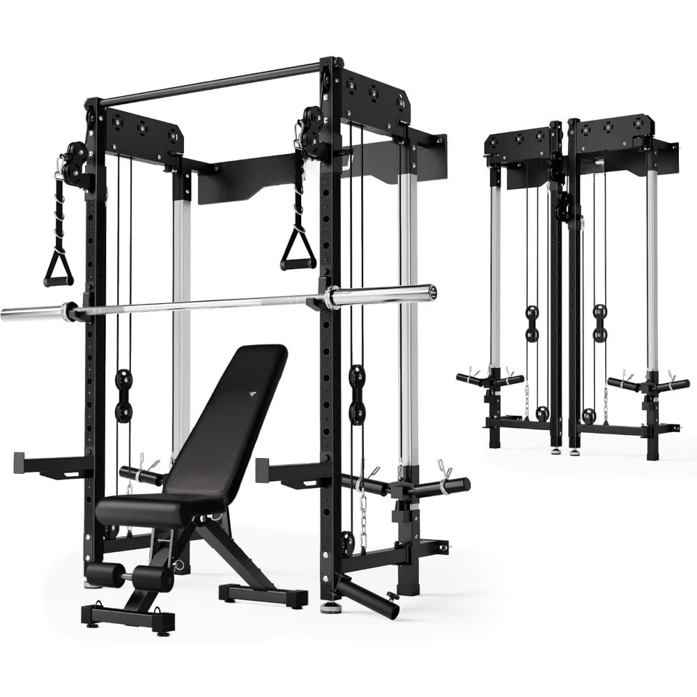 Wall Mounted Folding Squat Rack with Dual Pulley System, 5 Adjustable Modes Functional Trainer for Home Gym Space Saving, Custom