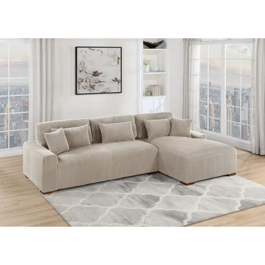 모던 2피스 섹셔널 세트 XL 플러시 코듀로이 패브릭 카멜 컬러 LAF 소파 RAF 쉐이즈 거실용 소파