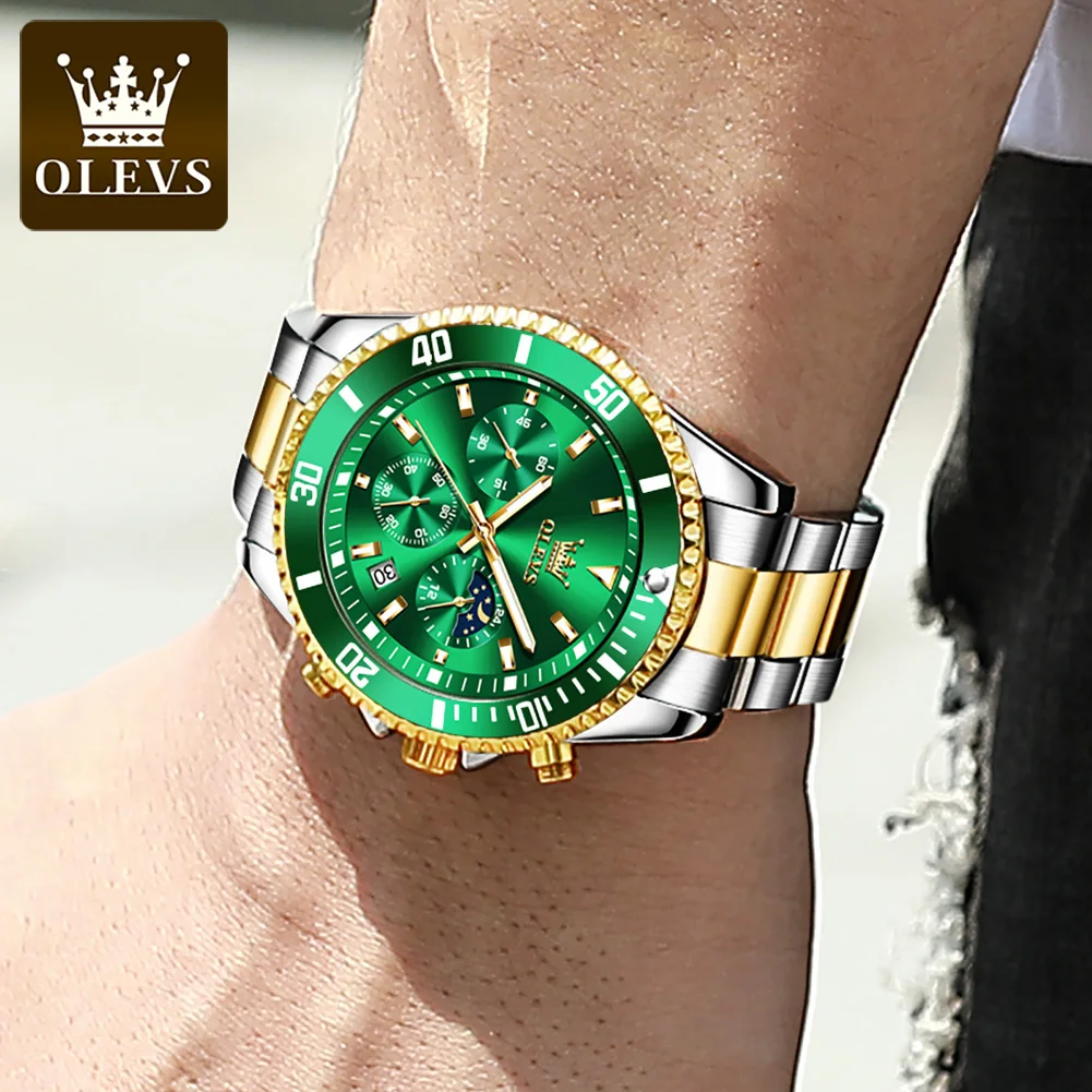 OLEVS Men\'s Watch Quartz Waterproof Luminous Stainless Steel Watch Green Sport Date Moon phase Wrist Watch for Men Reloj hombres