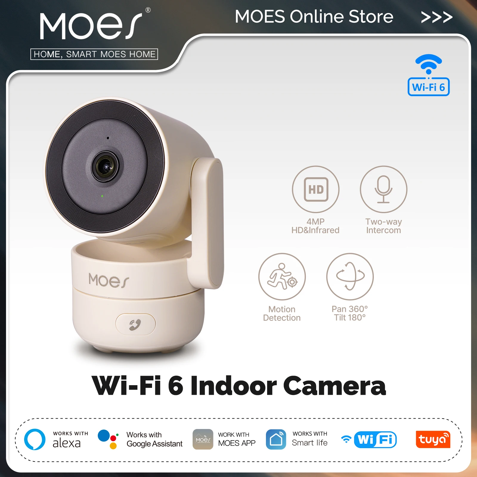 MOES Tuya Wi-Fi 6 Smart Indoor 4MP HD Security Pan/Tilt Camera Motion Tracking & Sound Detection Infrared Night Vision Monitor