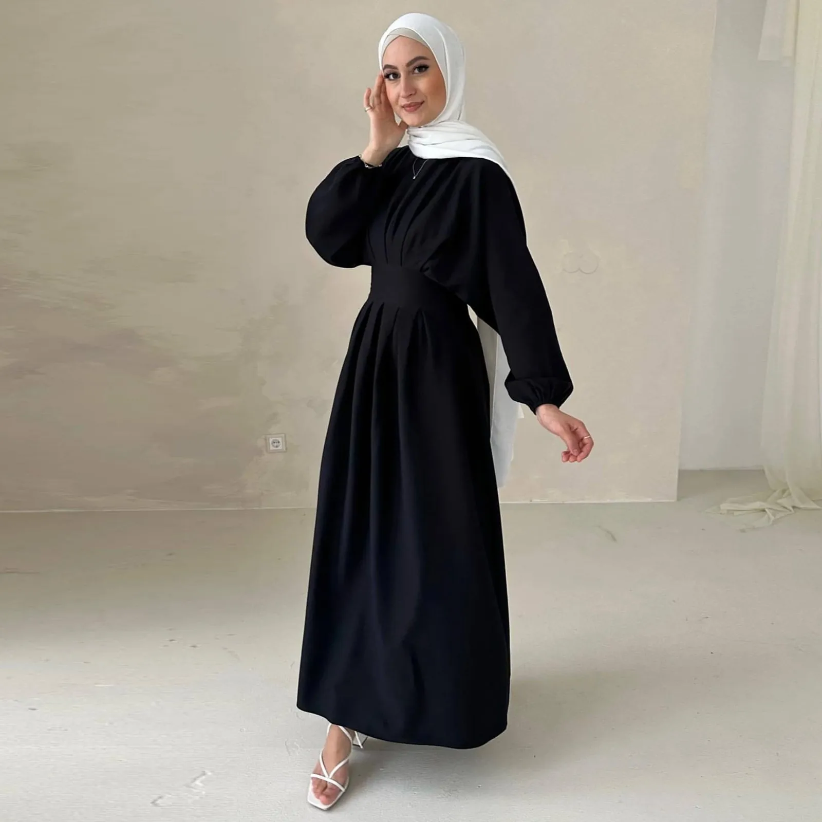 

Women Muslim Dress Abaya Long Dress Fashion Long Sleeve Solid Ruffles Kaftan Sundress Robe Femme Eid Mubarek Islamic Clothing