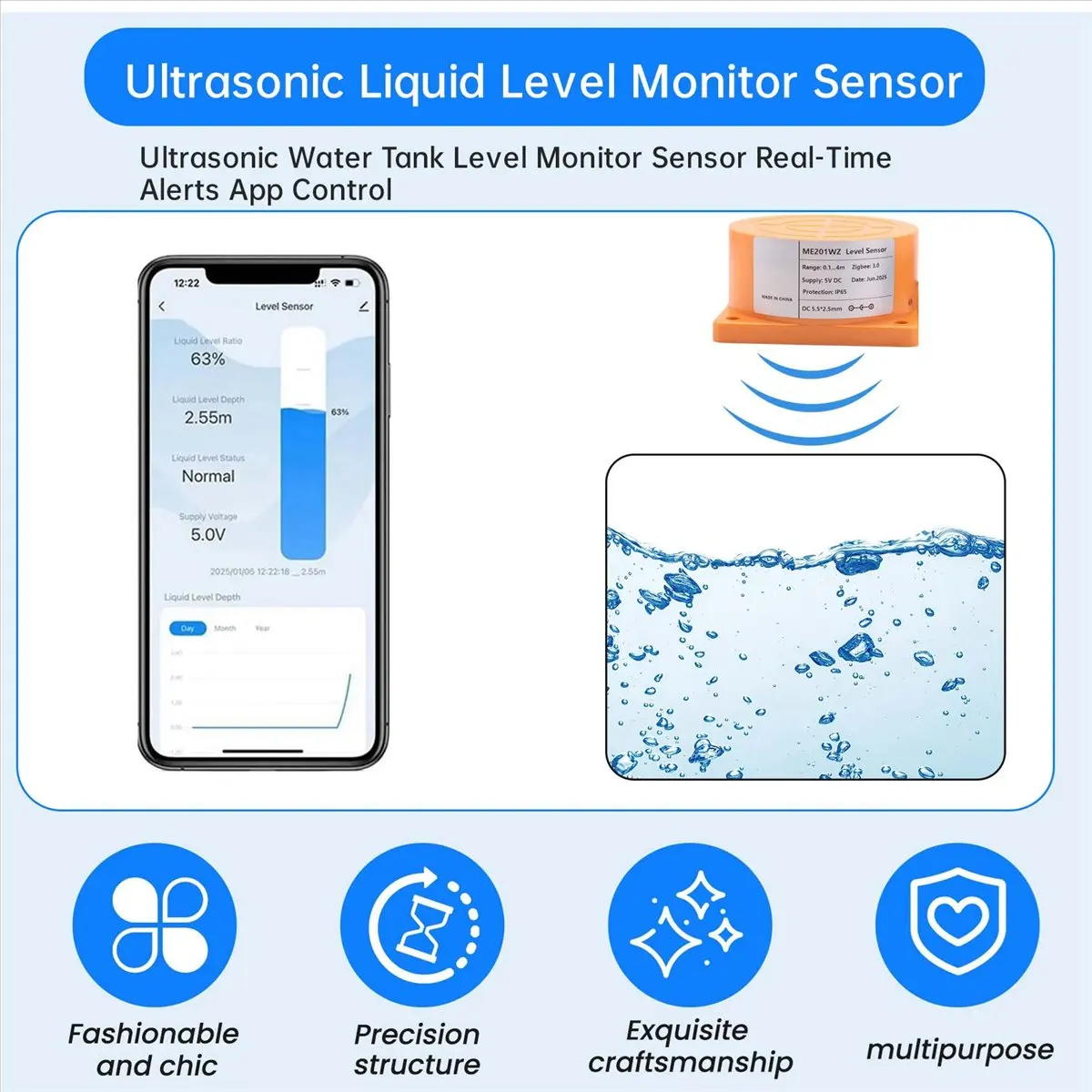 

Tuya Smart Zigbee Ultrasonic Water Tank Level Monitor Sensor Real-Time Alerts App Control for IOS & Android US Plug