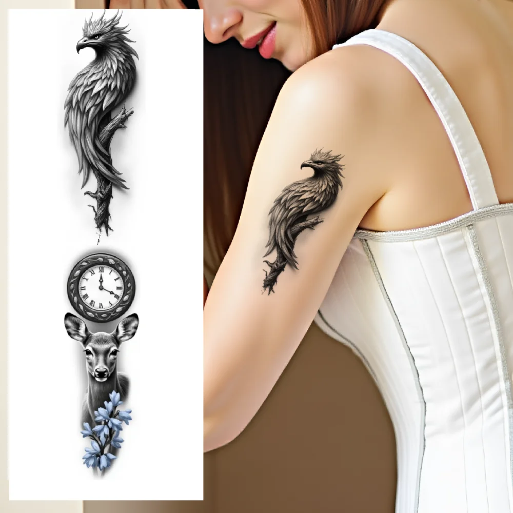 

12pcs Temporary Tattoo Black And Grey Realism Flowers Clock Samurai Helmet For Thigh Adult Arm