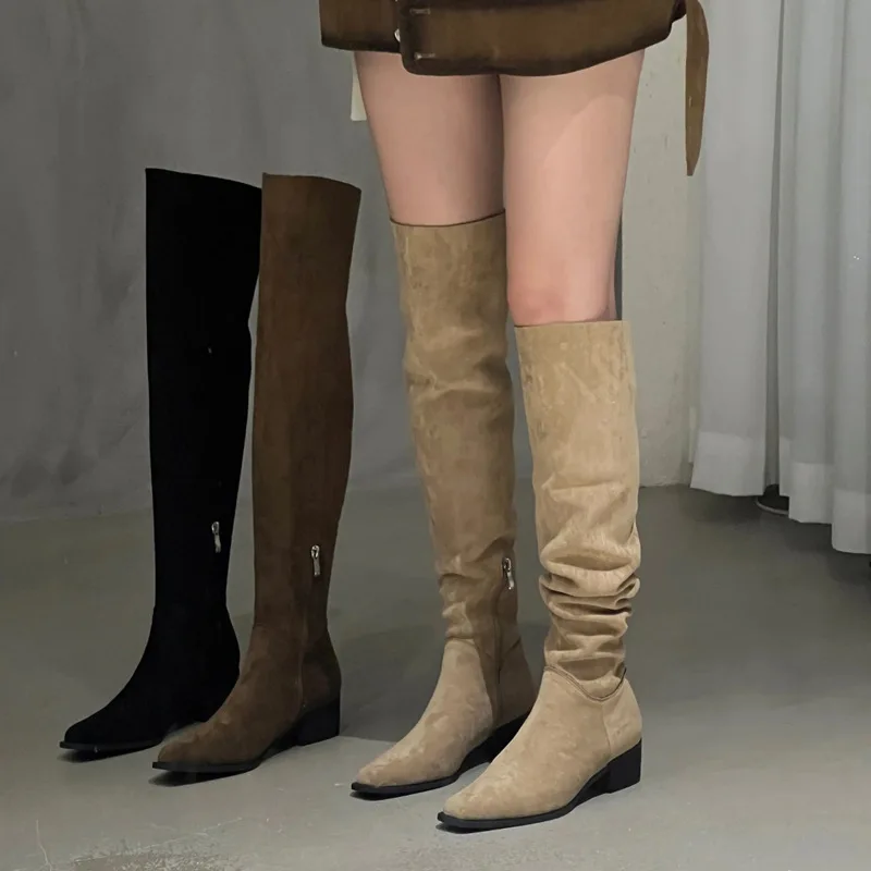 Women Elastic Slimming Suede Long Loots Autumn/Winter Fashion Female Square Toe Low Heel Over The Knee High Booties Botas Mujer - view 5