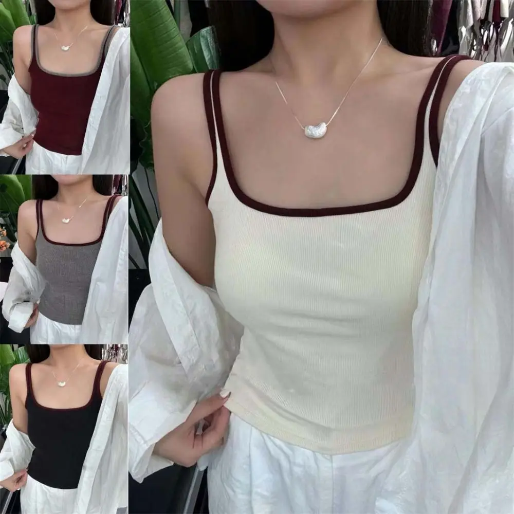 

Spicy Girl Style Y2k Slim Crop Top Sleeveless Patchwork Women's Pinstripe Vest Streetwear Square Neck Camisole with Pads Beach
