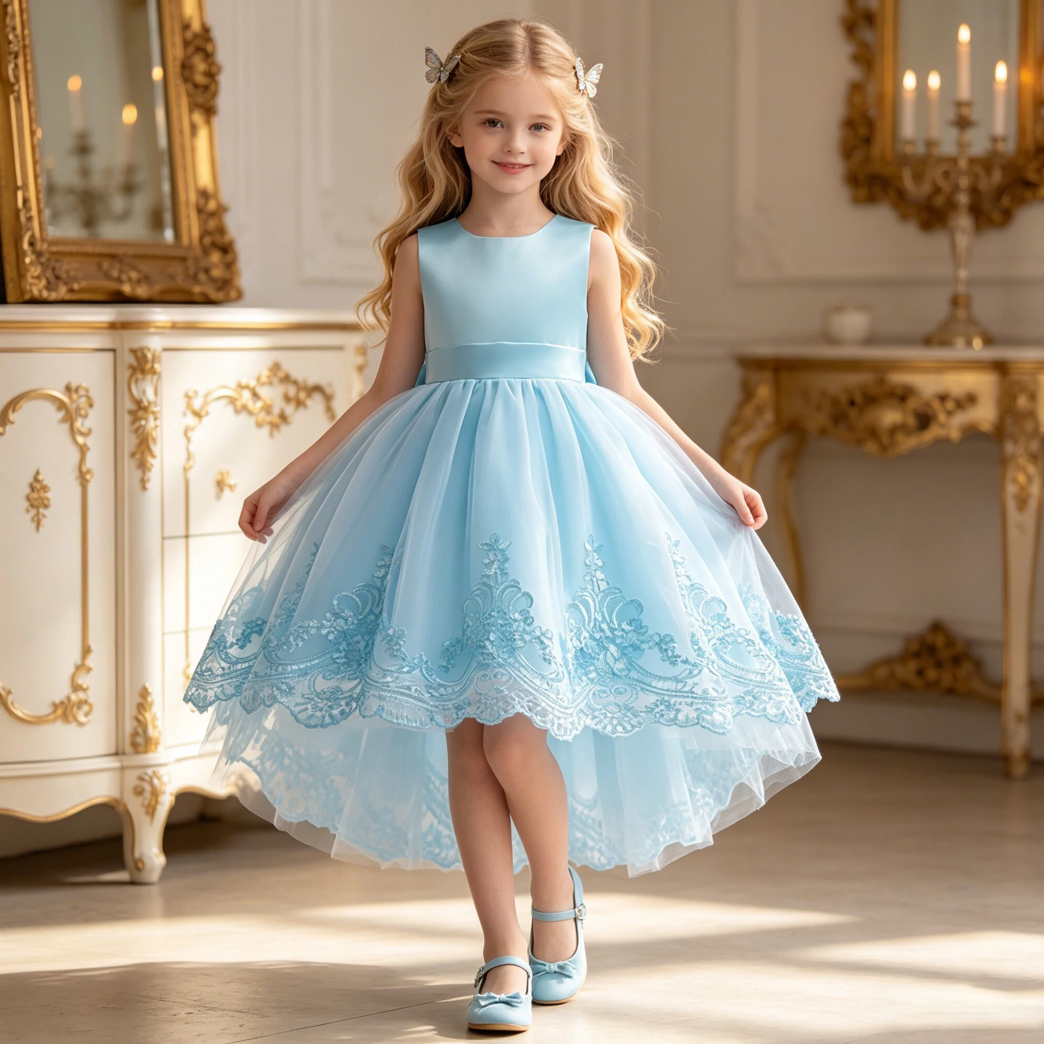 Trailing Party Dresses For Girl Pink Flower Bow Wedding Bridesmaid Girls Dress Elegant Tulle Birthday Princess Evening Prom Gown