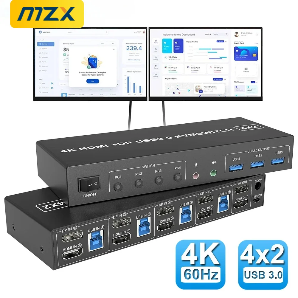 MZX 4 Port KVM Switch HDMI-Compatible USB 3.0 Switcheer 4X2 Dual Monitor 4K@60Hz Extend DP 4 In 2 Out 4 PC Share Keyboard Mouse