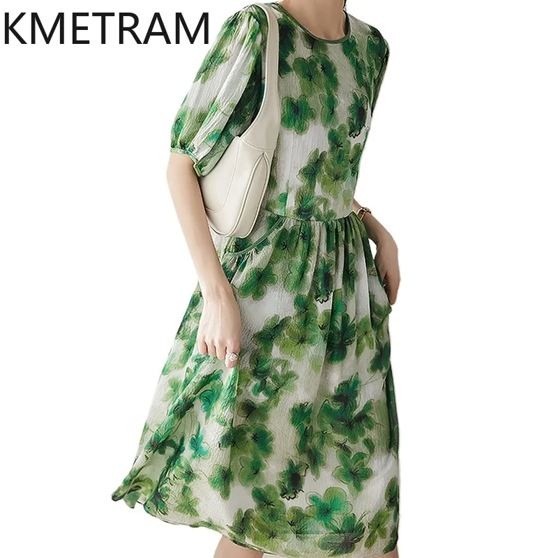 KMETRAM Mulberry Silk Floral Fairy Dress for Women 2024 Holiday Style High-end Women's Clothing Summer Mid-length Dresses New