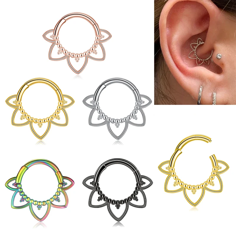Flower Shape Nose Ring Septum Clicker Helix Piercing Ear Cartilage Daith Hoop Body  Piercing For Women Men 316L Surgical Steel