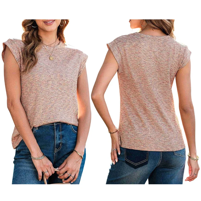 ABRT-Tops d'été pour femmes décontracté col rond gaufré tricot manches courtes chemises coupe ample Blouses haut