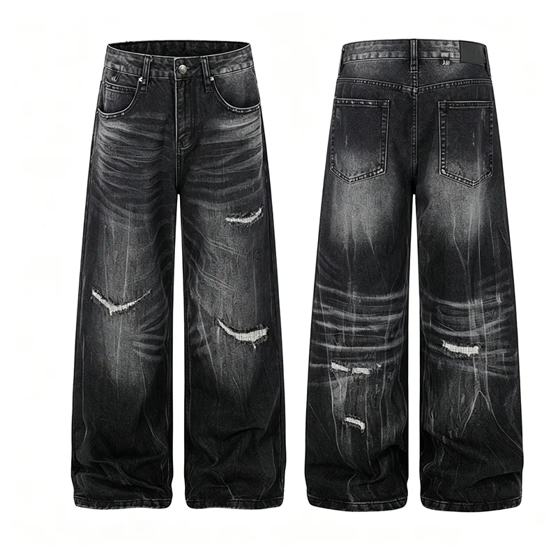 Men Vintage Black Washed Distressed Jeans Ripped Hole Oversized Straight Wide Leg Floor Length Grunge Streetwear Denim Trousers