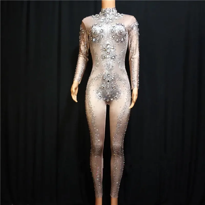 

Women Silver Rhinestones Skinny Jumpsuit Luxury Stage Costume Sexy Nightclub Bar Party DJ Singer Dancer Performance Leotard