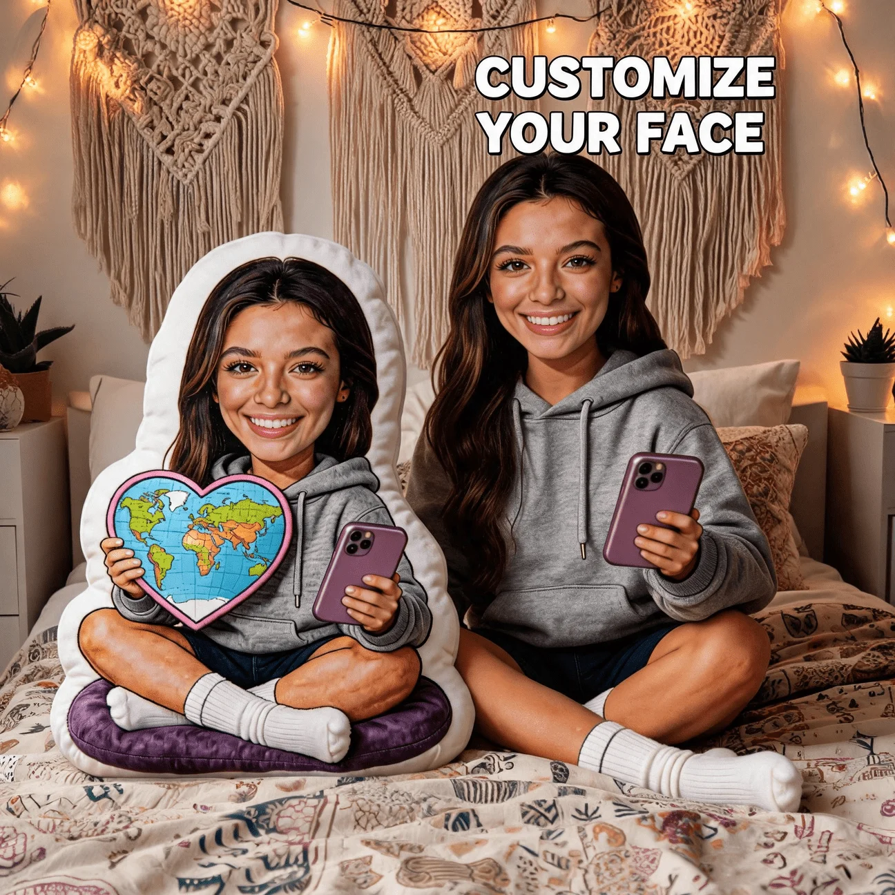 Custom Personalized Photo Shaped Pillow, Smiling Holding Heart Map And Phone Custom Picture Decorative Cushion, Unique Home Deco