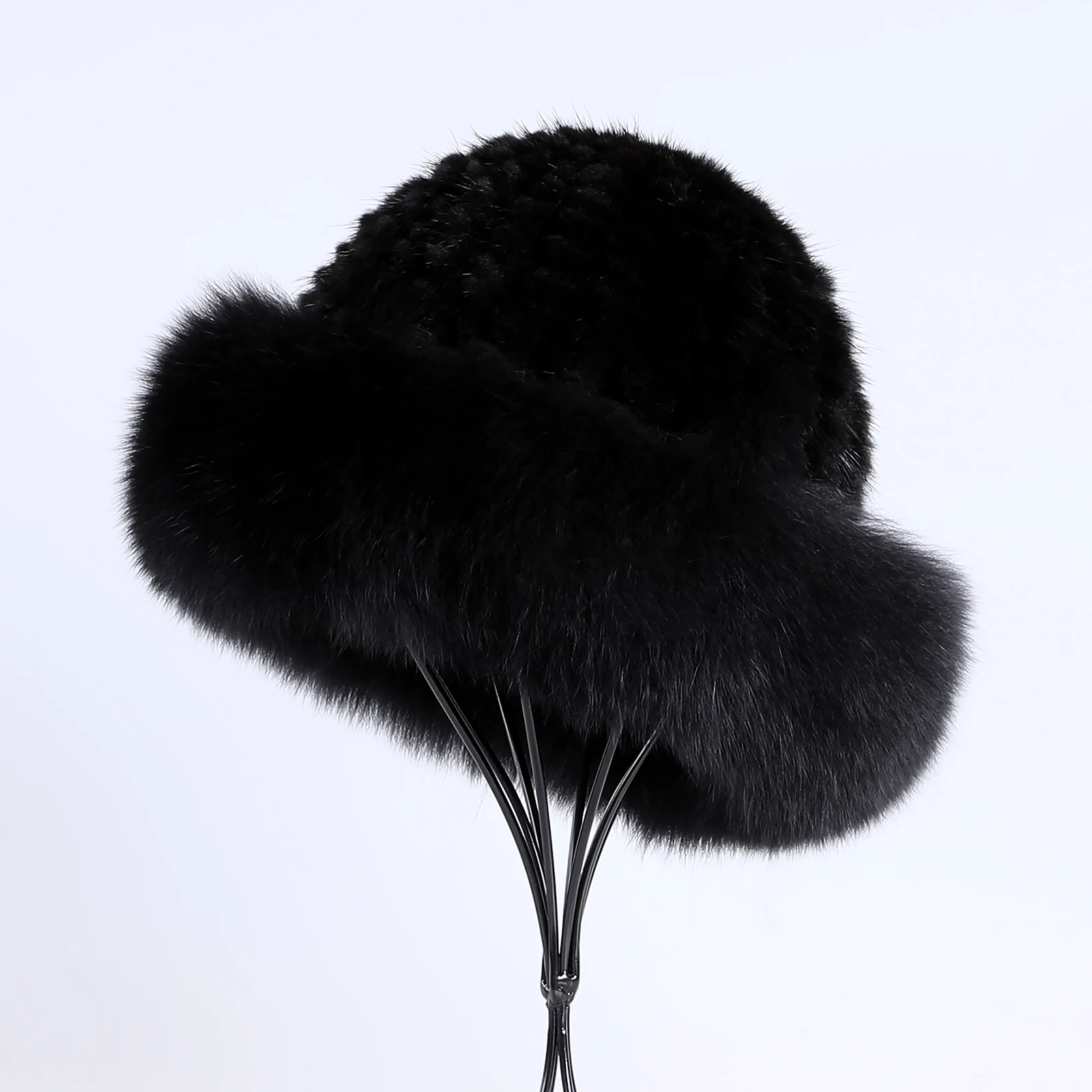Frauen Winter warm echte Premuim Nerz Fell gestrickt Eimer Hut pelzigen Echtpelz Kappen Big Fox Pelz besatz Krempe verstellbar – Detail 11