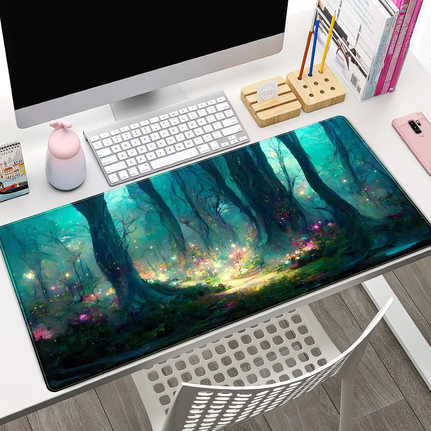 Fantasy Magic Forest Large Desk Mouse Pad,Glimmering Mystic Woodland Colorful Flora Print,Non‑Slip Mat For Gaming Office Desktop