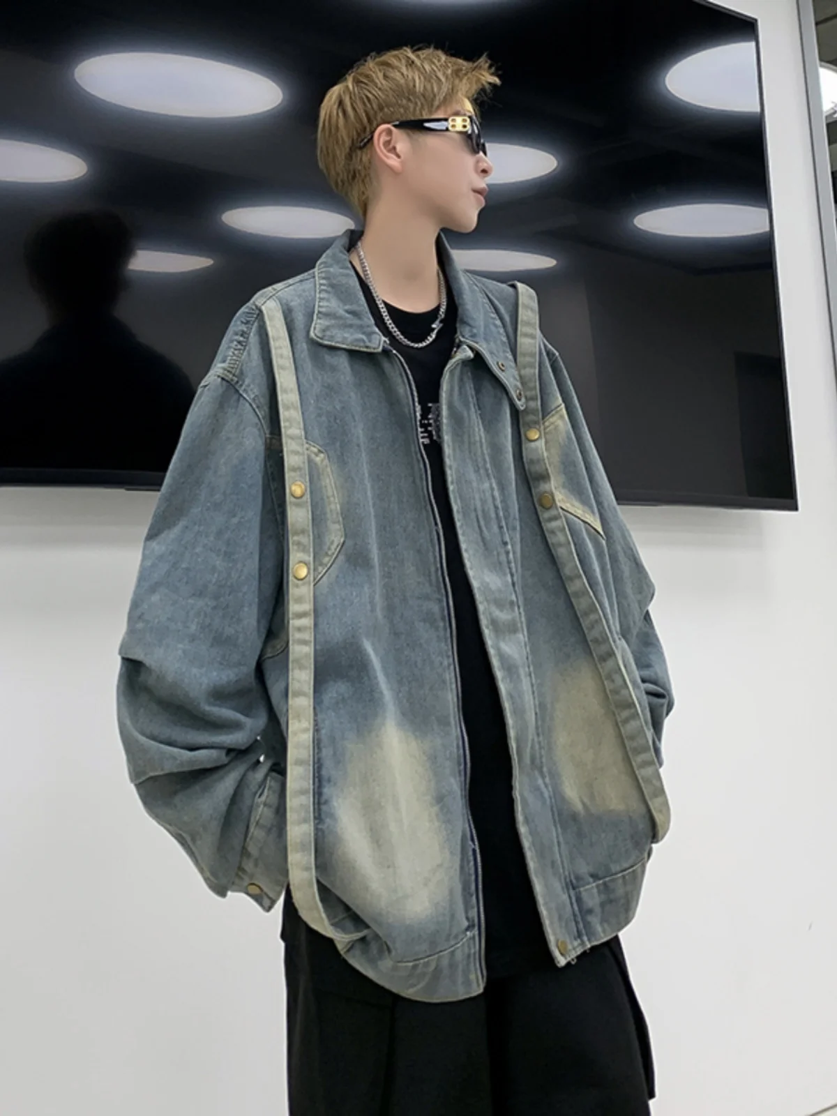 

Retro Waed Loose Fit Men's Denim Jaet Autumn New Sle American Workwear Jaet Zipper Closure Long Sve Youth Faion