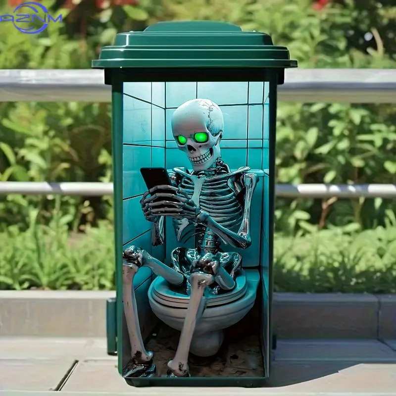 Whimsical Skeleton Using Phone on Toilet 2D Trash Can Sticker - PVC Bathroom Wall Art, Humorous Decorative Art for Kitchen & W