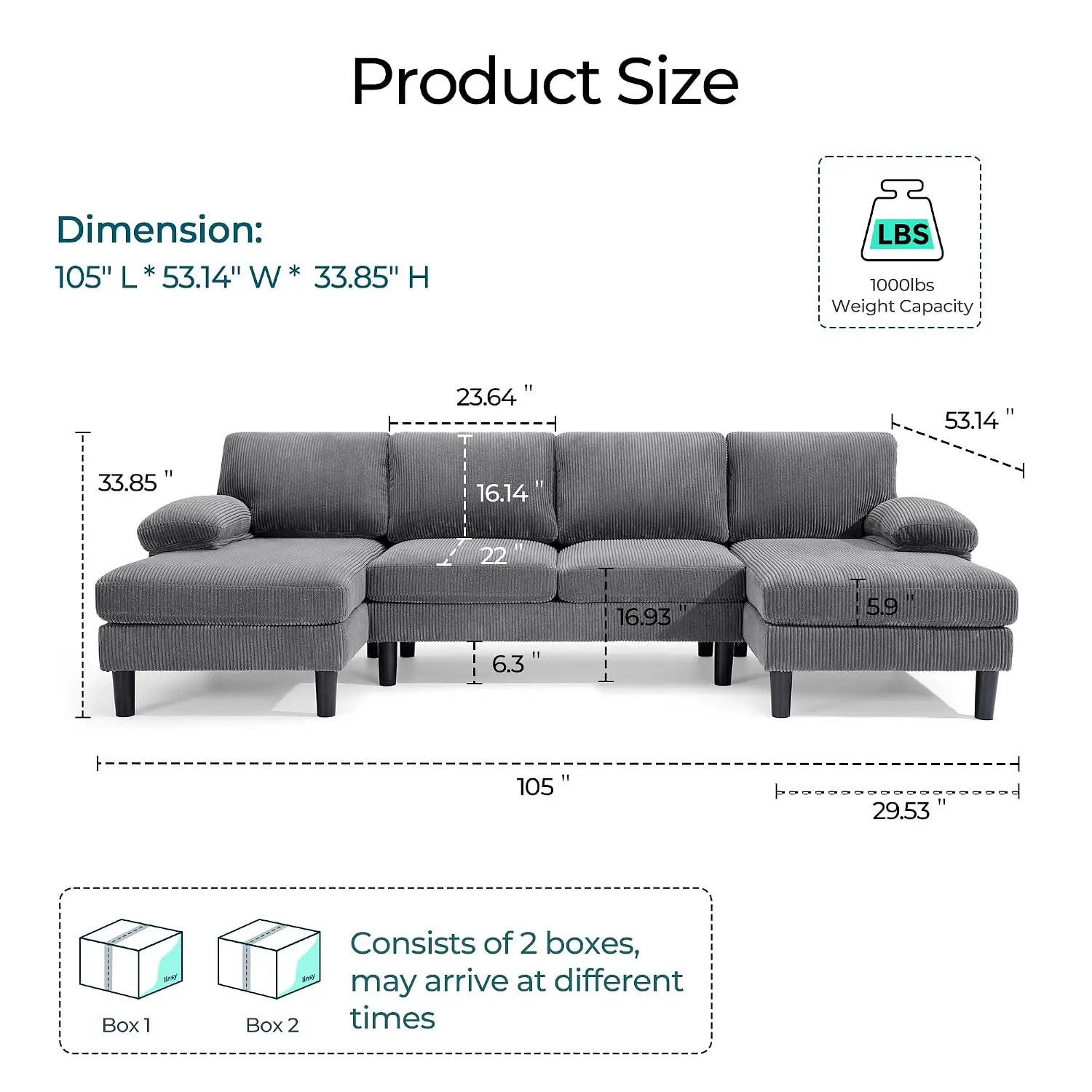 Corduroy U Shaped Sectional Sofa with Sleepable Armrests, Double Chaises 4 Seat Deep Couch for Living Room, Grey, Customized