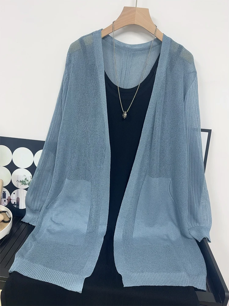 

High Quality Summer New Ice Silk Knitted Mid Length Cardigan Women's Loose Sun Protection Shirt Thin Air-conditioned Shirt