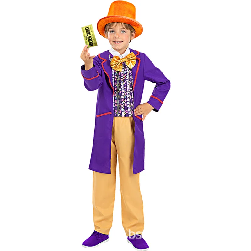 Chocolate Factory Willy Charlie Cosplay Costume Uniform Child Role Play Outfit Full Suit Halloween Masquerade Kid Cloth Jumpsuit