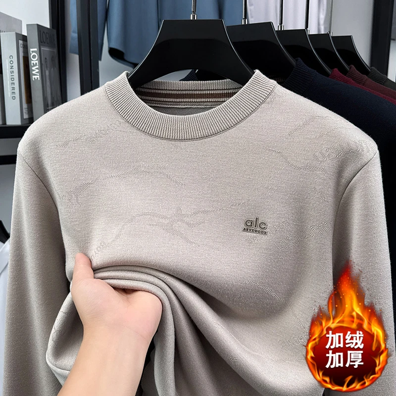 Thickened Men's Sweater with Added Fleece, Winter Round Neck Outfit, Base Coat, One-piece Fleece Warm Knit Sweater