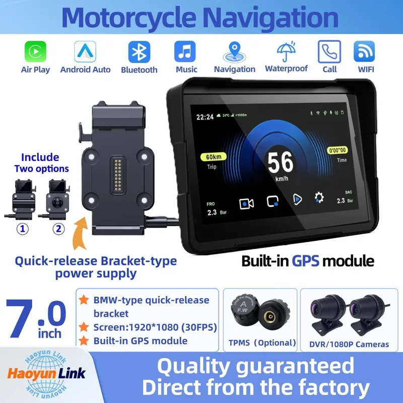 【New】Motorcycle CarPlay screen mirroring, built-in GPS, with DVR, quick-release bracket.