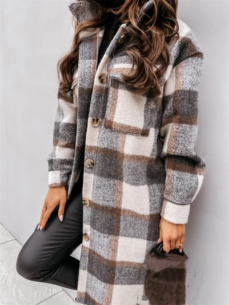 Women Check Tweed Long Shirt Autumn Winter Thickened Warm Single-breasted Cardigan Blouse Female Casual Double Pockets Outerwear