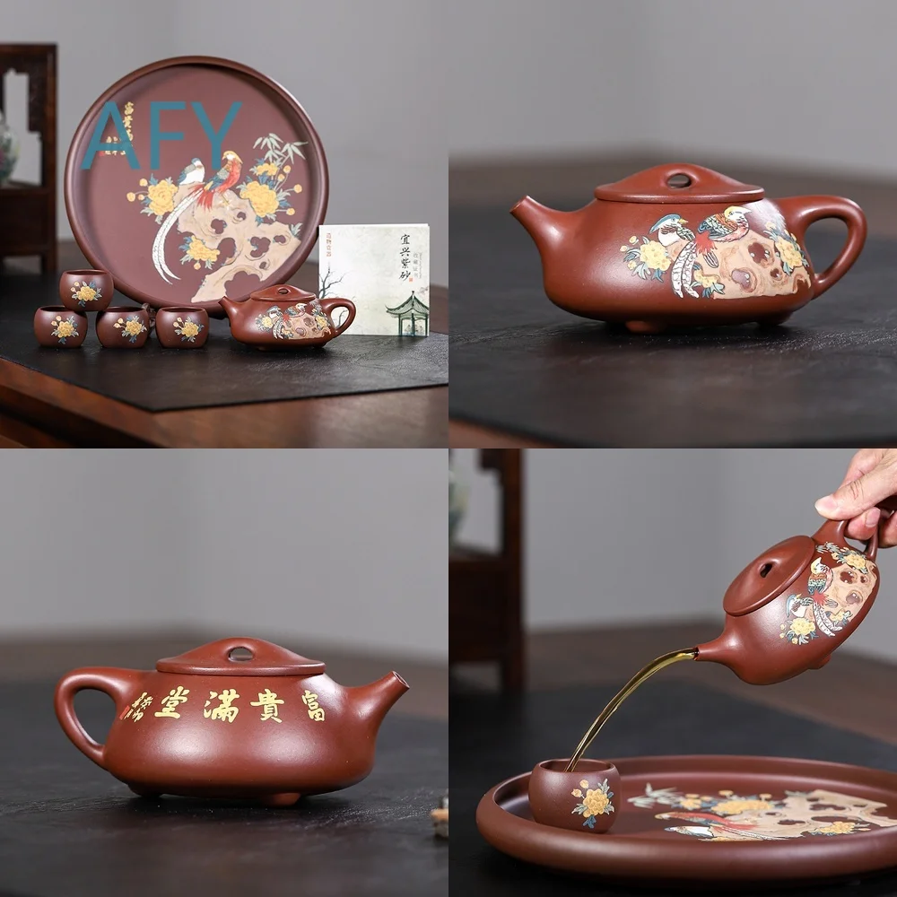 Handmade Yixing Zisha Teapot Set with Tea Tray for Gongfu Cha Brewing Ceramic Mud Painting Design Jingzhou Shipo Style for