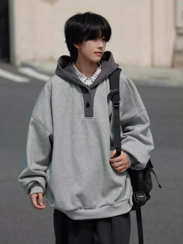 

Осенне-зимняя мужская толстовка в японском винтажном стиле с капюшоном, свободного кроя, с нашивками, в стиле пэчворк, повседневная, свободная, с заниженной линией плеча