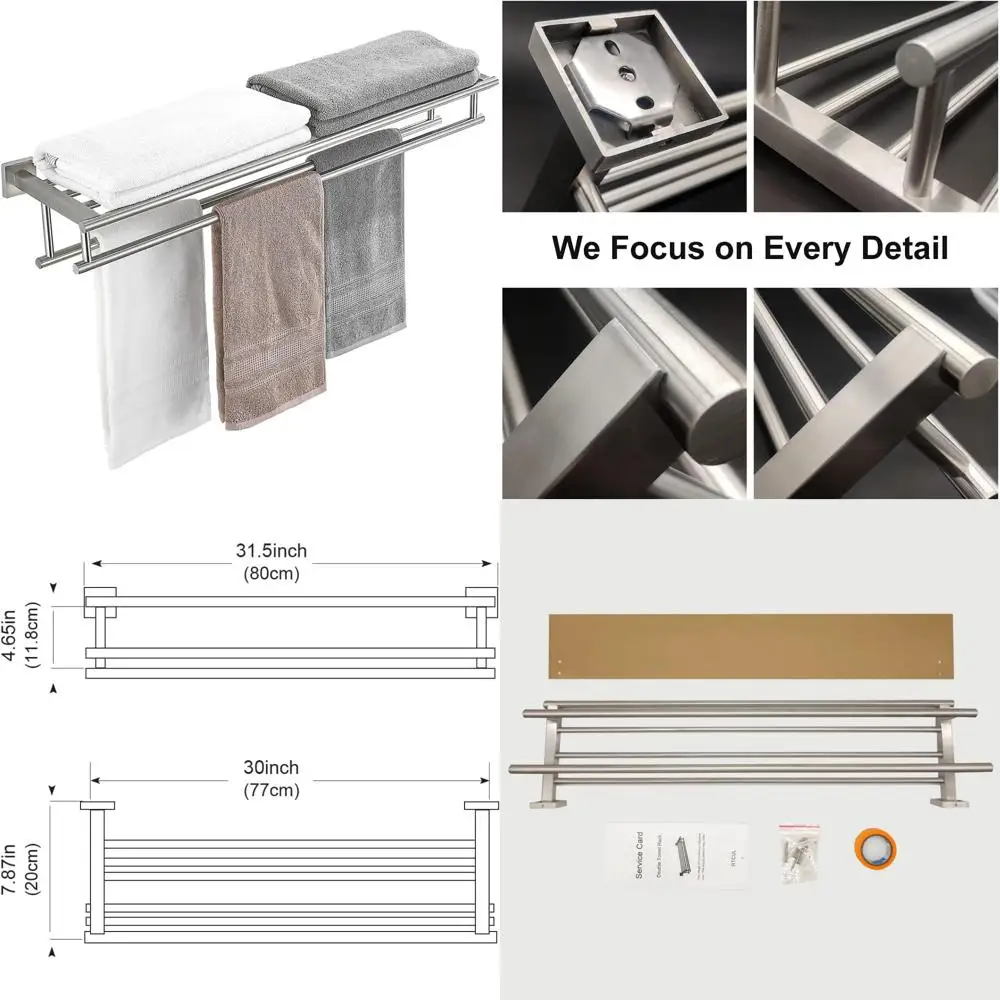 

Stainless Steel 32 Inch Double Towel Rack with Shelf, Brushed Nickel Finish, Bathroom Towel Holder for Enhanced Storage