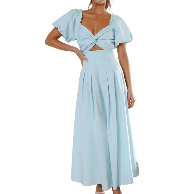ABRT-Women's Summer Boho Maxi Dress V-Neck Cute Bubble Short Sleeve A-Line Long Dress With Pocket