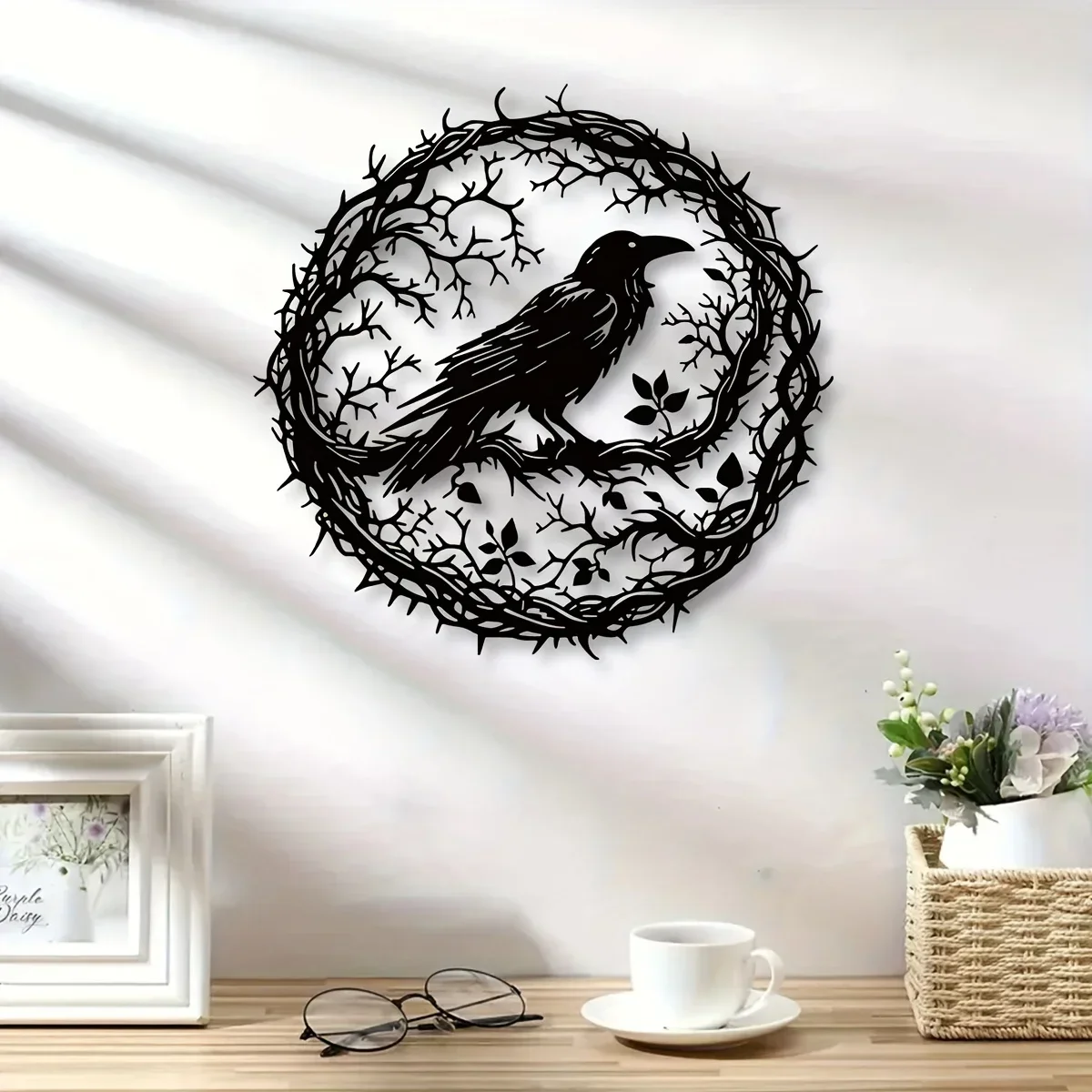 Dark Gothic Metal Crow Wall Art Raven on Branch Iron Wall Sign Vintage Wall Decoration Ornament