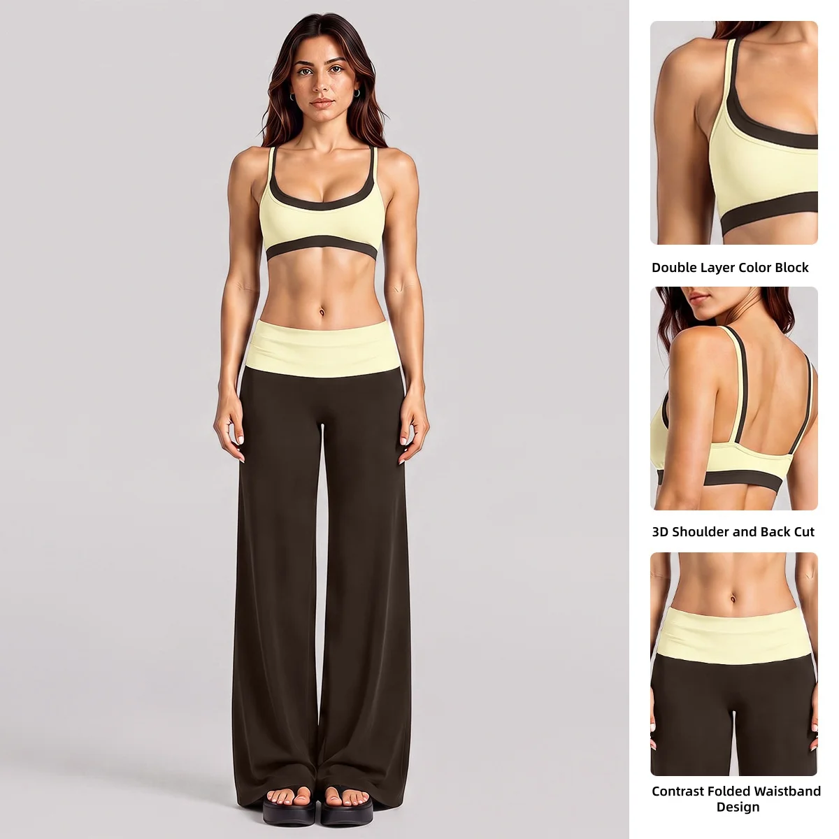 Color Block 2 Piece Activewear Set Double Layer Sports Bra High Waist Straight Leg Pants for Yoga Running Training