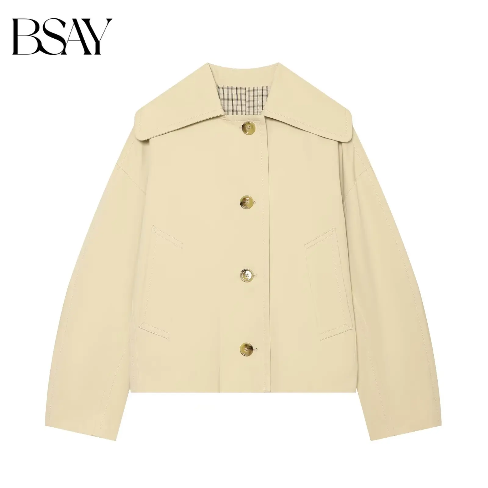 BSAY Damen-Trenchcoat im britischen Stil, kurz geschnitten, mit breitem Revers, einreihig, Knopfverschluss vorne, locker geschnitten, lange Ärmel, gefüttert, lässige Oberbekleidung