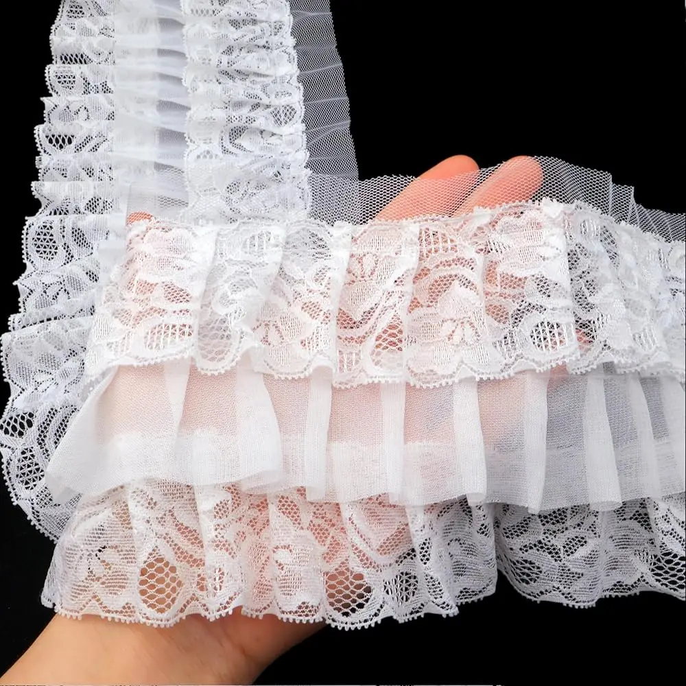 

Белая роскошная кружевная тесьма с оборками, 3-слойная плиссированная кружевная отделка для манжет, юбок, костюмов на Хэллоуин, ширина 4,4 дюйма