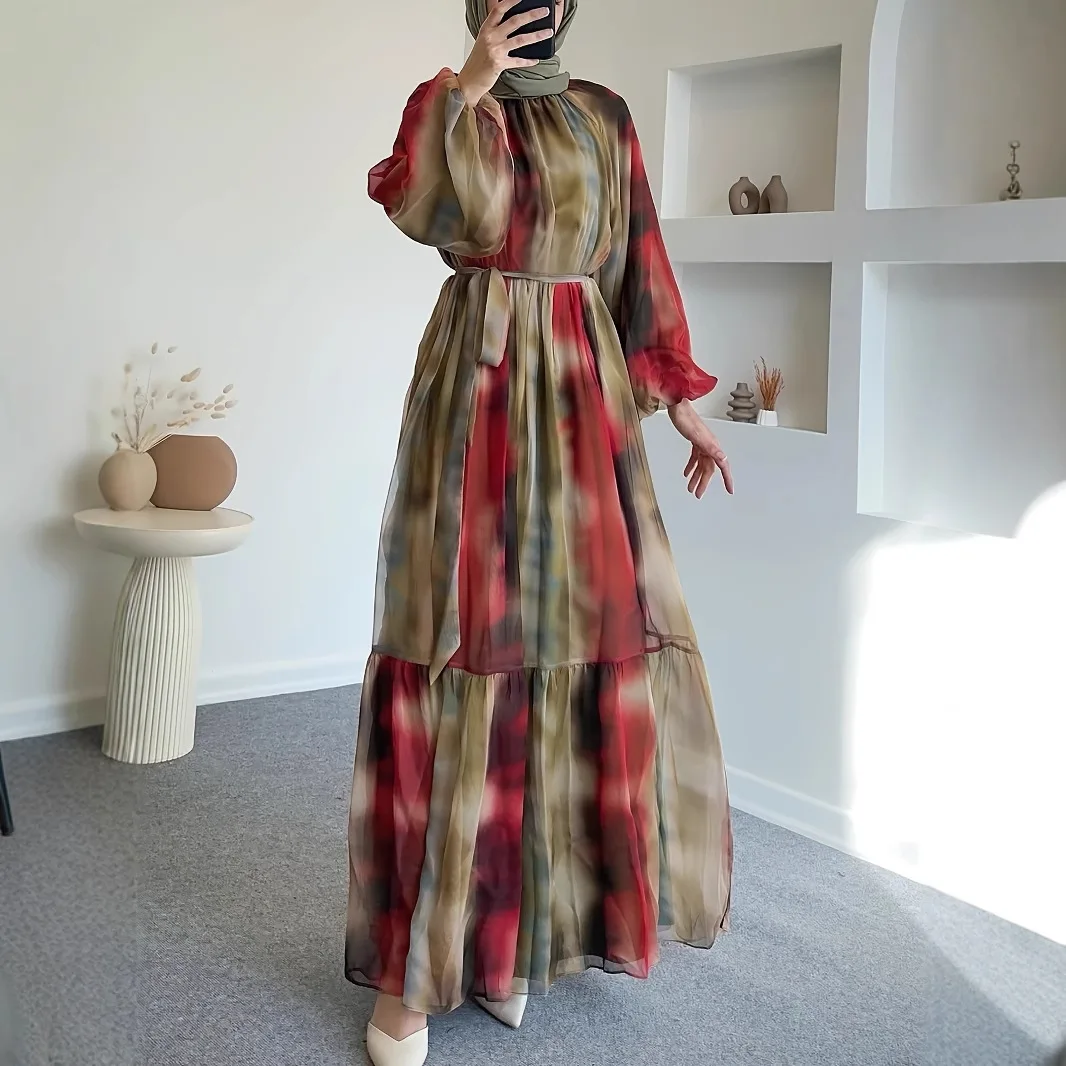 

Eid Chiffon Muslim Party Dress for Women Ramadan Print Abaya Long Dress Belt Morocco Vestidos Largos Dubai Robe Plus Size