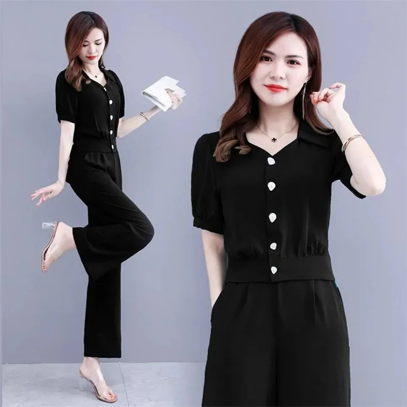 Trousers Suit 2024 Summer Sets Fashion Two-piece Suit Short Sleeve V-neck Shirt And Pant Solid Color Suit For Women Elegant 3XL