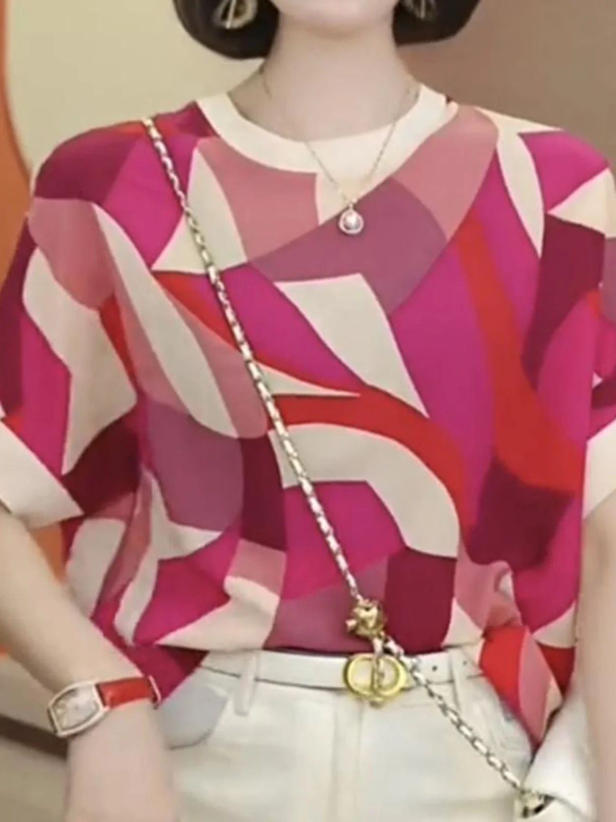 Ele Loose Women's T-irt Summer New Sle Printed Chiffon ort Sve round Ne Korean Sle Comfortable Breeze Feeling