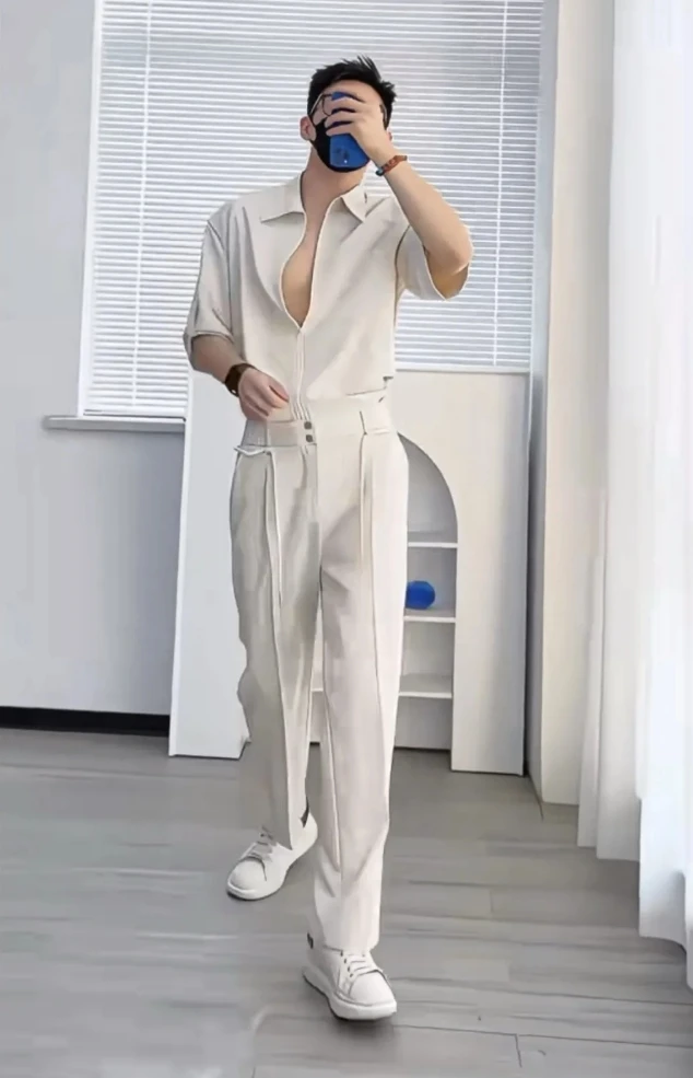 Luxury High-End Half Sleeve Shirt For Men Clothes Zipper Summer Mature Style Ice Silk Thin Shirt Suit With Trousers Apricot