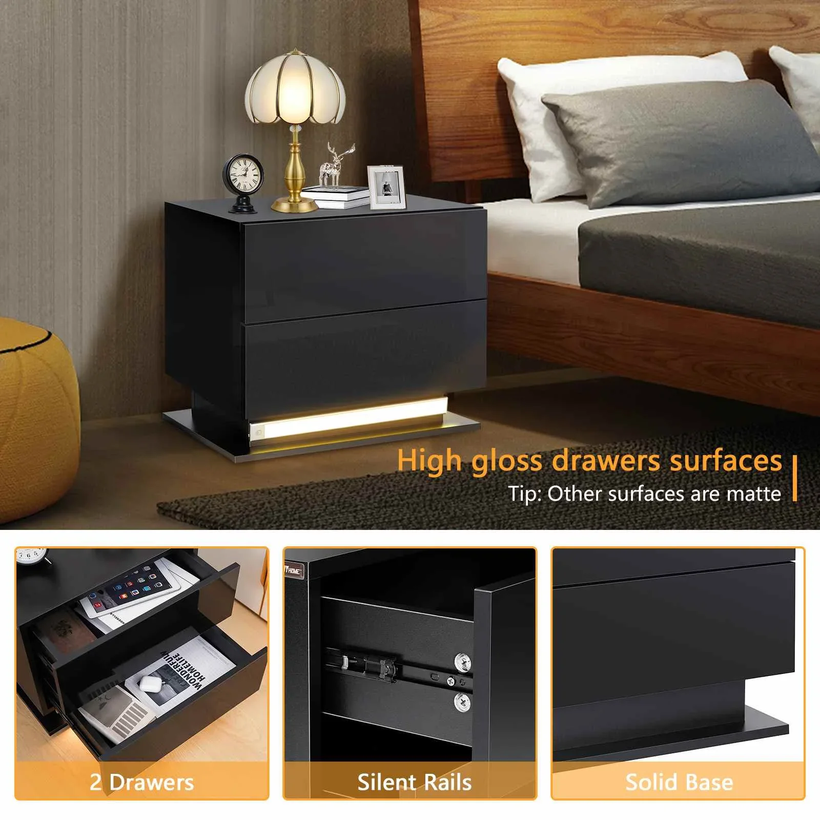 Auto Led Nightstand with High Gloss Drawer Led Bedside Table with Metal Frame Night Stand Table with Magnetic Infrared Sensing