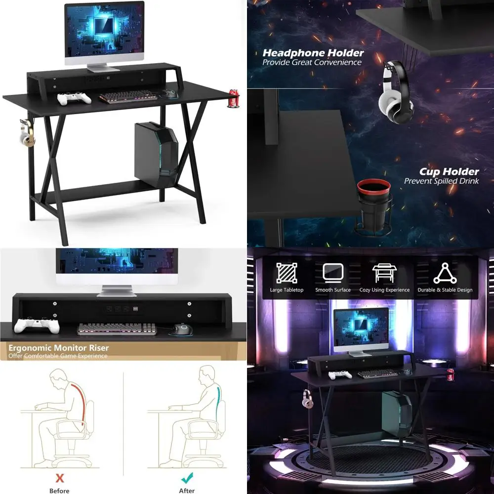 Gaming Desk 48-inch for Gamers: Computer Workstation with Cup, Headphone Holder, 3-Outlet and 2 USB Ports Multipurpose