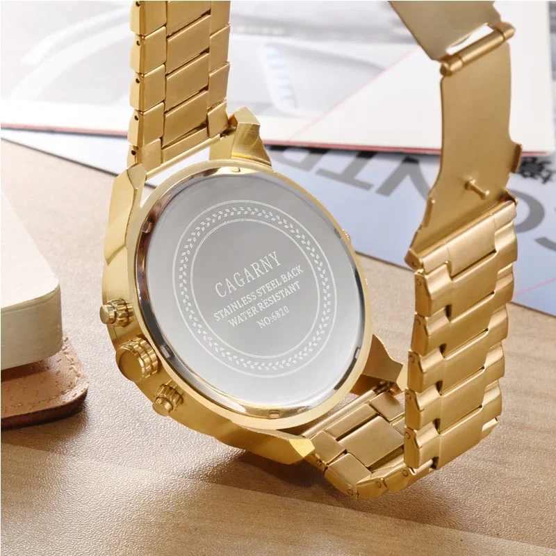 Hot Fashion Mens Watches Top Brand Luxury Cagarny Dual Display Military Relogio Masculino Gold Steel Quartz Watch Men Male Clock