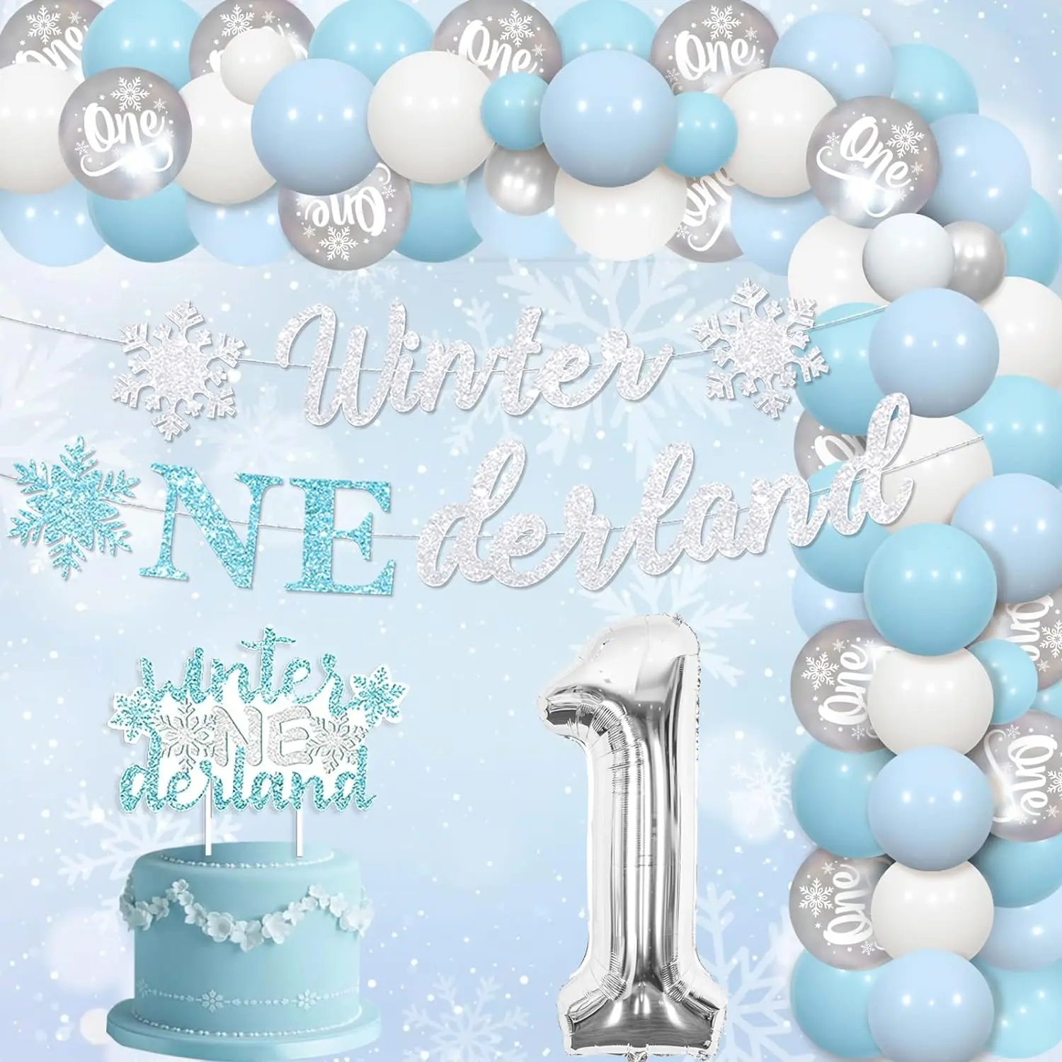 Winter Onederland 1st Birthday Decor Snowflake Theme First Birthday Baby Shower Party Supplies Balloons Garland Arch Kit Banner