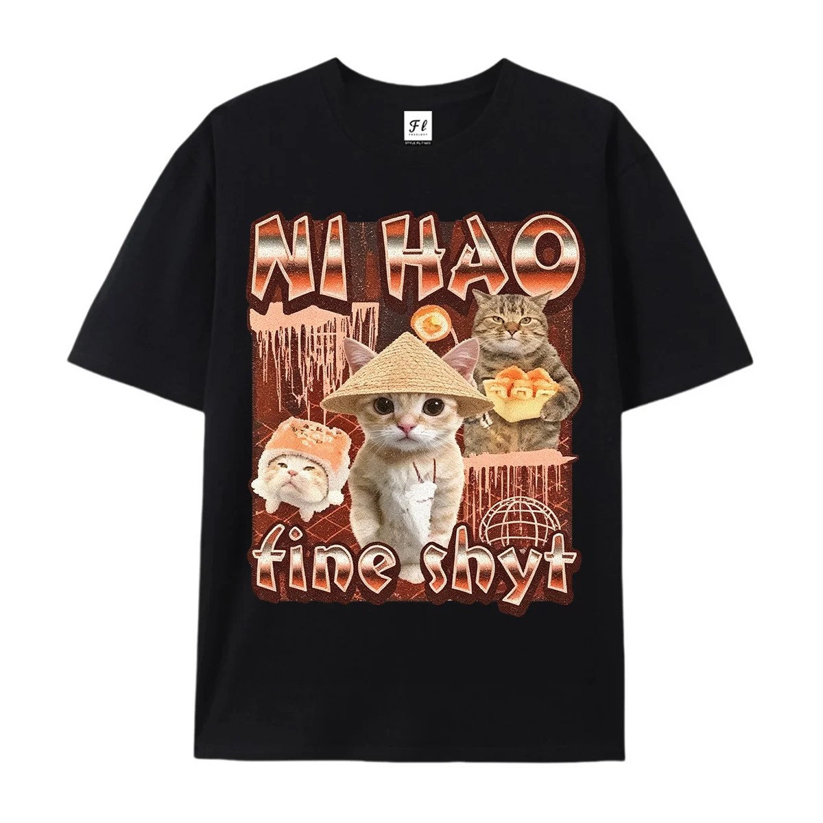 Ni Hao Fine Shyt Graphic T‑Shirt Retro Bootleg Funny Meme Cats Collage Print Short Sleeve Top Unisex Quirky Kitten Food Tees