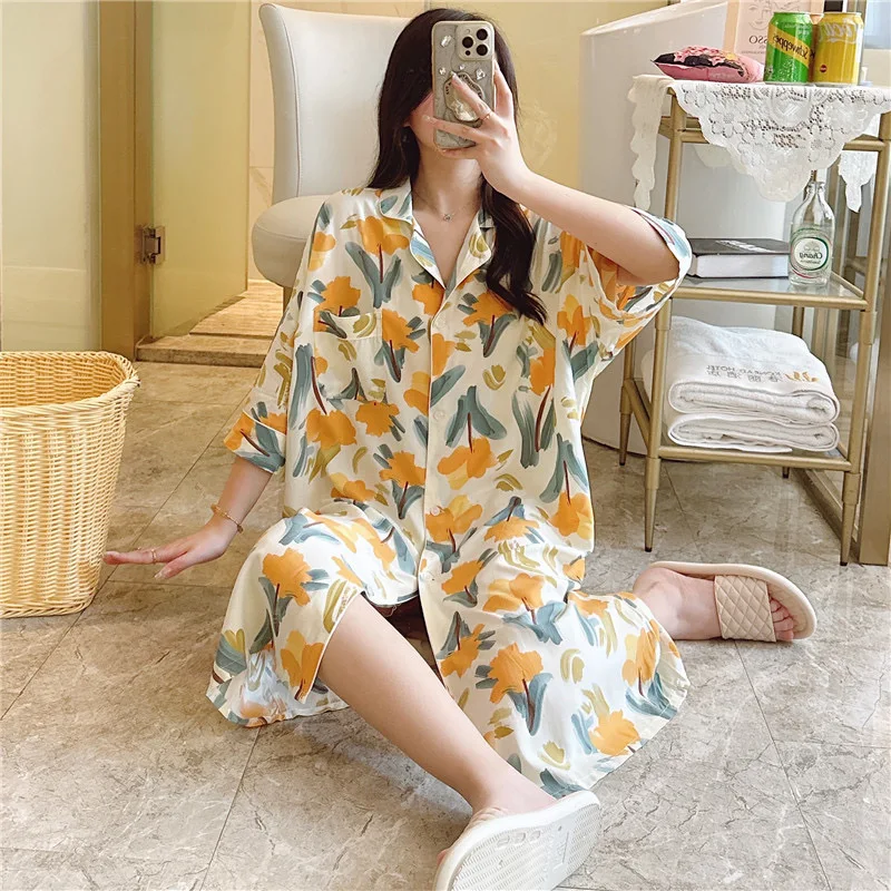 Lapel Sleep Shirt Women Kimono Dressing Down With Buttons Viscose Summer Nightshirt Printed Flower Nightgown Casual Lingerie