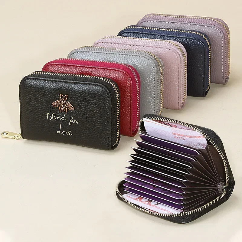 The First Layer of Cowhide RFID Anti-theft Brush Leather Card Holder Multi-card Bit Texture Bee ID Card Holder Zipper Wallet