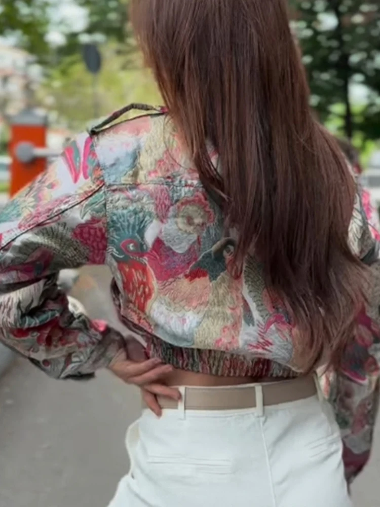 Estilo de rua outono e inverno novo feminino casual versátil gola alta manga longa pavão impressão zíper jaqueta casaco curto