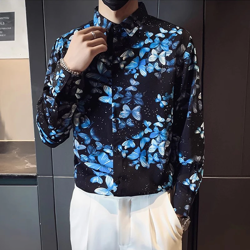 Fashion Long Sleeved Korean Floral Shirts for Men Elegant Butterfly Flower Men's Shirt Nightclub Prom Social Male Blouse Shirt