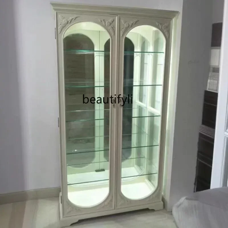 

European solid wood carving flower wine cabinet study bookcase B & B glass locker living room display storage cabinet